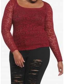 HUNIVERS Burgundy Lace Long-Sleeve Top Plus Size