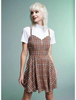 HUNIVERS Brown Plaid Twofer Dress