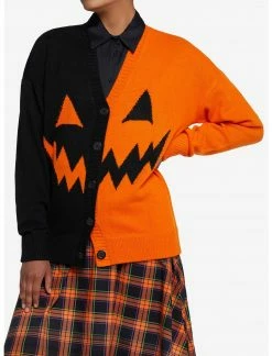 HUNIVERS Orange & Black Pumpkin Split Cardigan