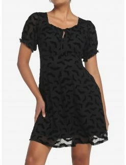 HUNIVERS Black Flocked Bats Babydoll Dress
