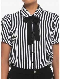 HUNIVERS Black & White Pinstripe Bow Woven Button-Up