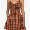 HUNIVERS Black & Orange Plaid Pleated Lace-Up Dress