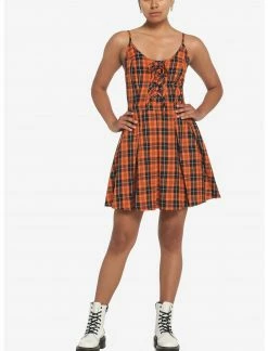 HUNIVERS Black & Orange Plaid Pleated Lace-Up Dress -Her Universe shop unnamed file 2412