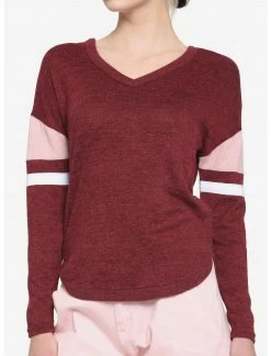 HUNIVERS Maroon Varsity Stripe Dolman Long-Sleeve Top