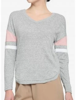 HUNIVERS Grey Varsity Stripe Dolman Long-Sleeve Top