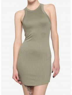 ALMOST Olive High Neck Ribbed Bodycon Dress