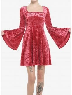 HER Red Crushed Velvet Bell Sleeve Mini Dress