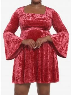 HER Red Crushed Velvet Bell Sleeve Mini Dress Plus Size