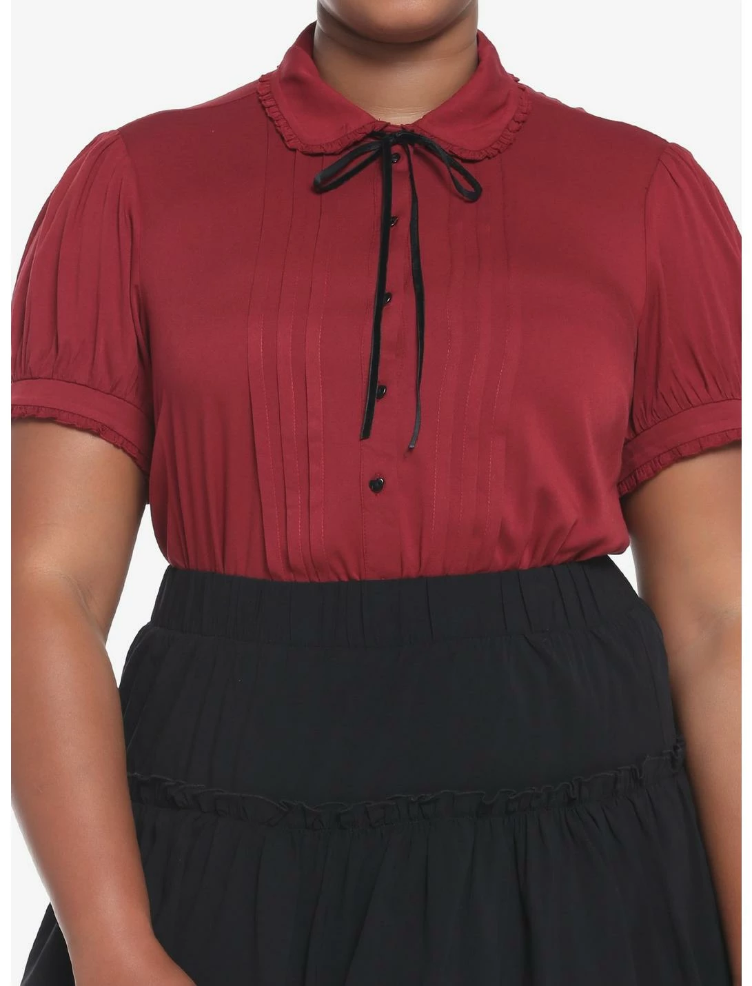 HER Dark Red Ribbon Tie Woven Button-Up Plus Size 1 HER Dark Red Ribbon Tie Woven Button-Up Plus Size