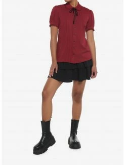 HER Dark Red Ribbon Tie Woven Button-Up -Her Universe shop unnamed file 464