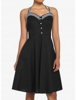 HUNIVERS Black & White Stripe Retro Halter Dress