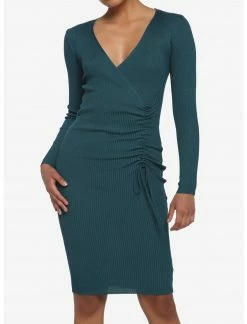 HER Teal Ruched Long-Sleeve Midi Dress