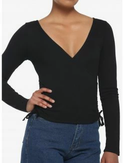 HER Black V-Neck Ruched Long-Sleeve Top