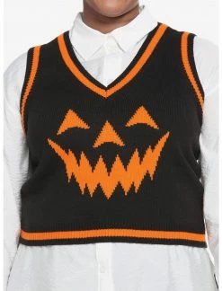 HUNIVERS Black & Orange Pumpkin Sweater Vest Plus Size